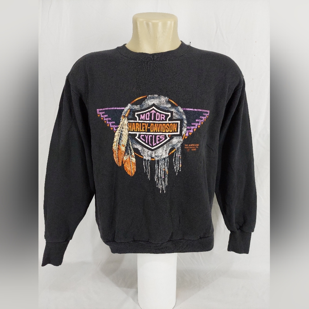 Vintage 1990 Harley Davidson Printed Sweatshirt 3D Emblem,Size:L,Color: Black